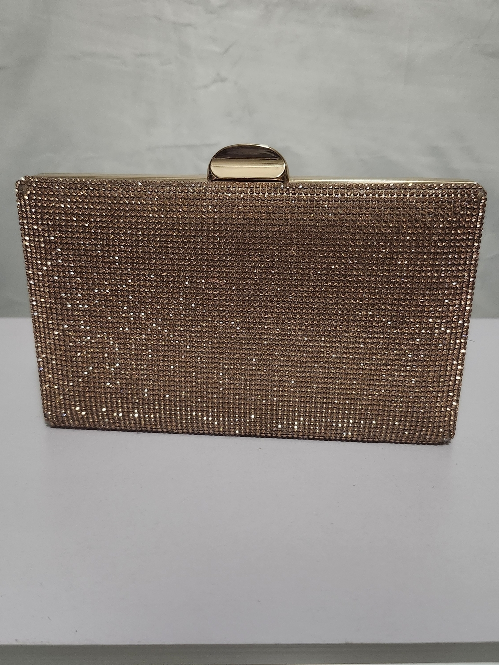 Rose Gold Crystal-Embellished Evening Clutch With Mesh Top